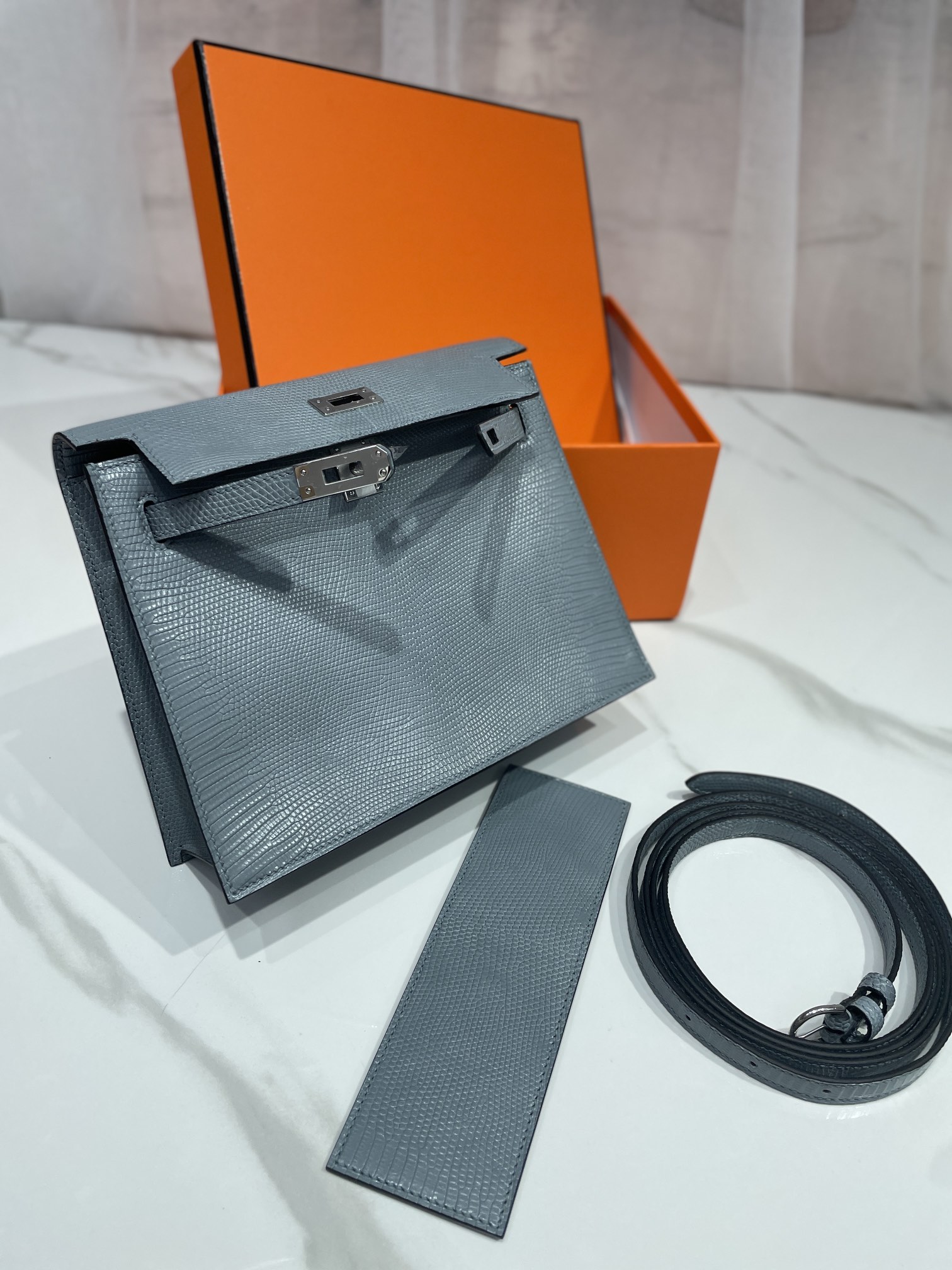 Hermes Kelly Danse Evercolor Bag In Grey Lizard Leather